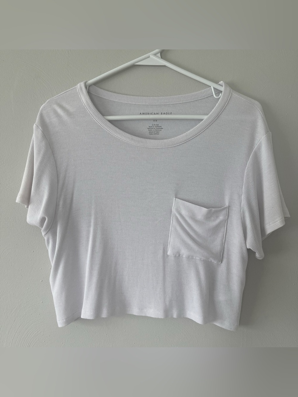 American Eagle Outfitters White Ribbed Crop Tee with Pocket Detail